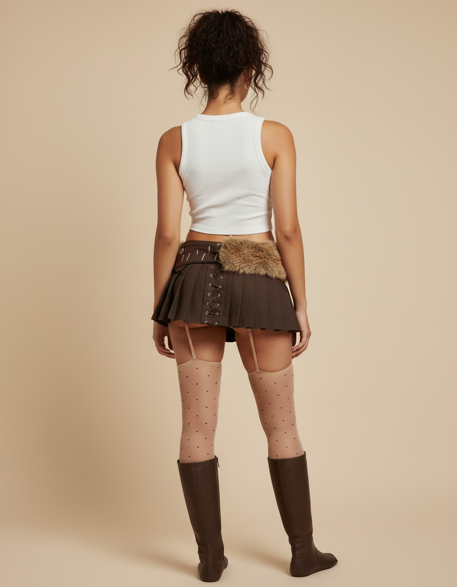 Jupe Plissée marron ceinture fourrure rétro