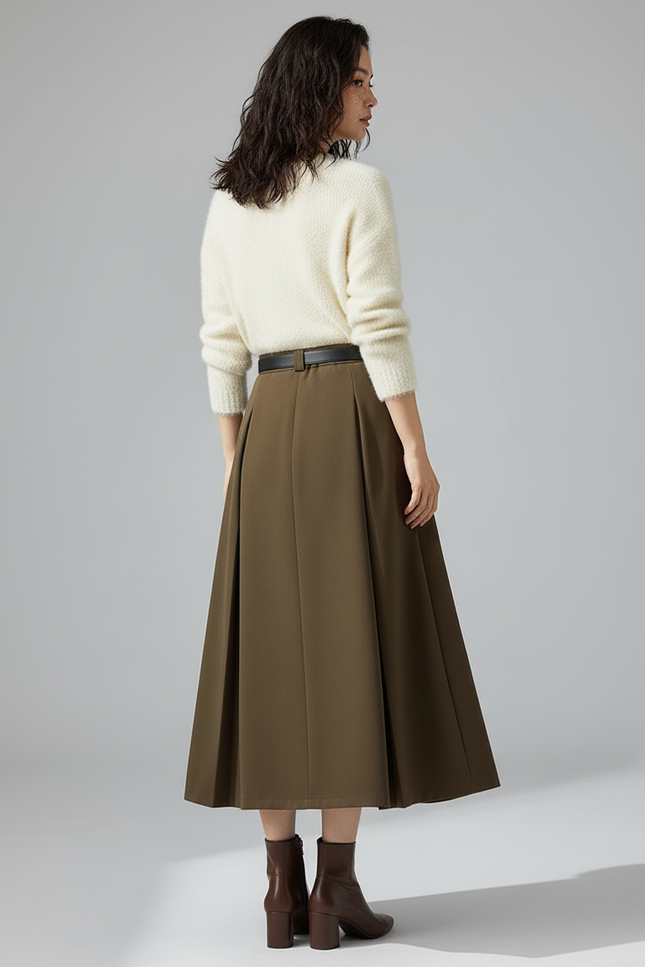 Jupe Plissée Kaki Longue Chic