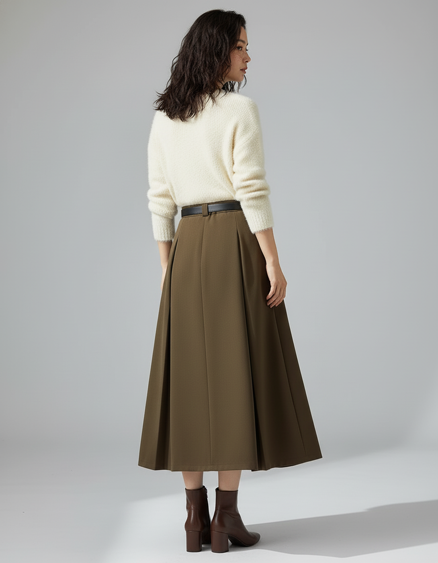 Jupe Plissée Kaki Longue Chic