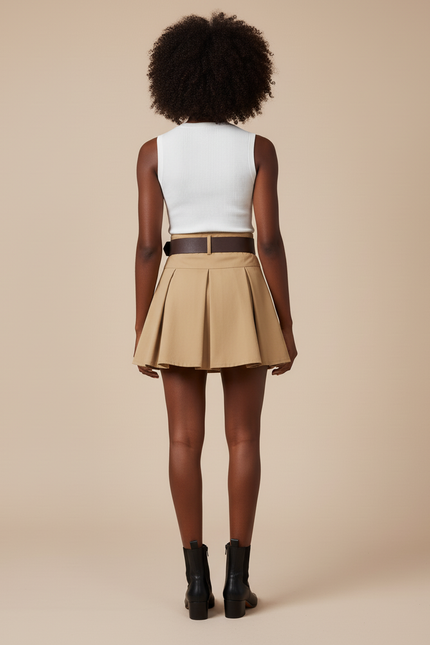 Jupe Plissée beige ceinturée chic