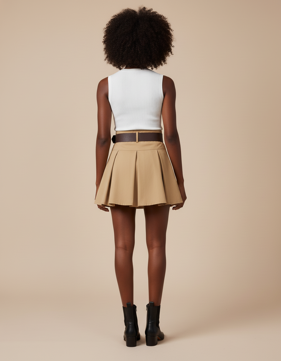 Jupe Plissée beige ceinturée chic