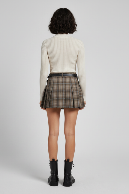 Jupe Plissée carreaux marron courte chic