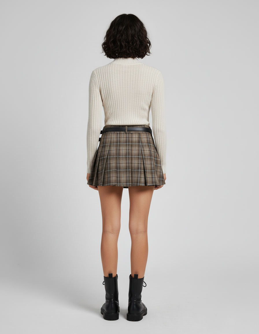 Jupe Plissée carreaux marron courte chic