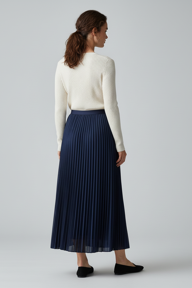 Jupe Plissée Bleu Marine Longue Fluide