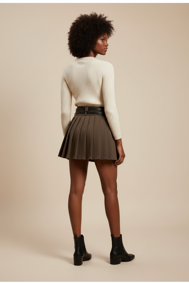Jupe Plissée Marron Double Ceinture Vintage