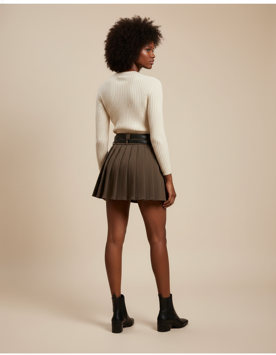 Jupe Plissée Marron Double Ceinture Vintage
