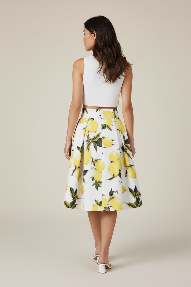 Jupe Plissée blanche motif citron estivale