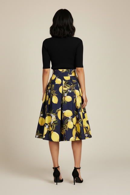 Jupe Plissée Motif Citron Bleu Marine Chic