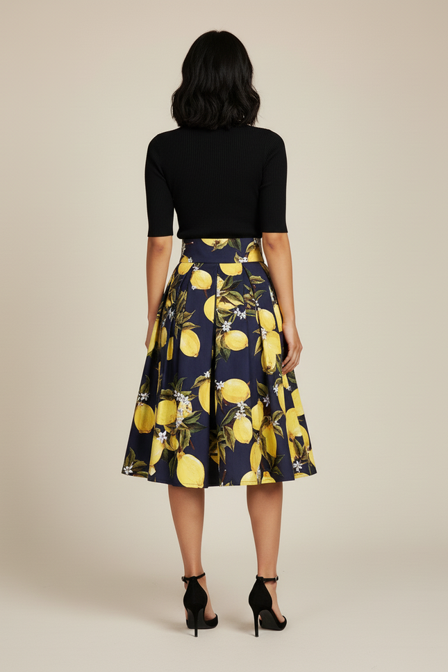 Jupe Plissée Motif Citron Bleu Marine Chic