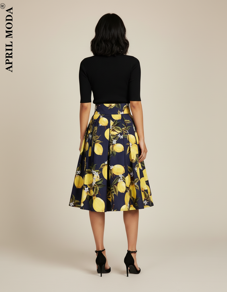 Jupe Plissée Motif Citron Bleu Marine Chic