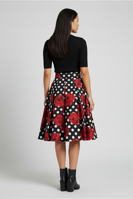 Jupe Plissée noir pois roses rétro