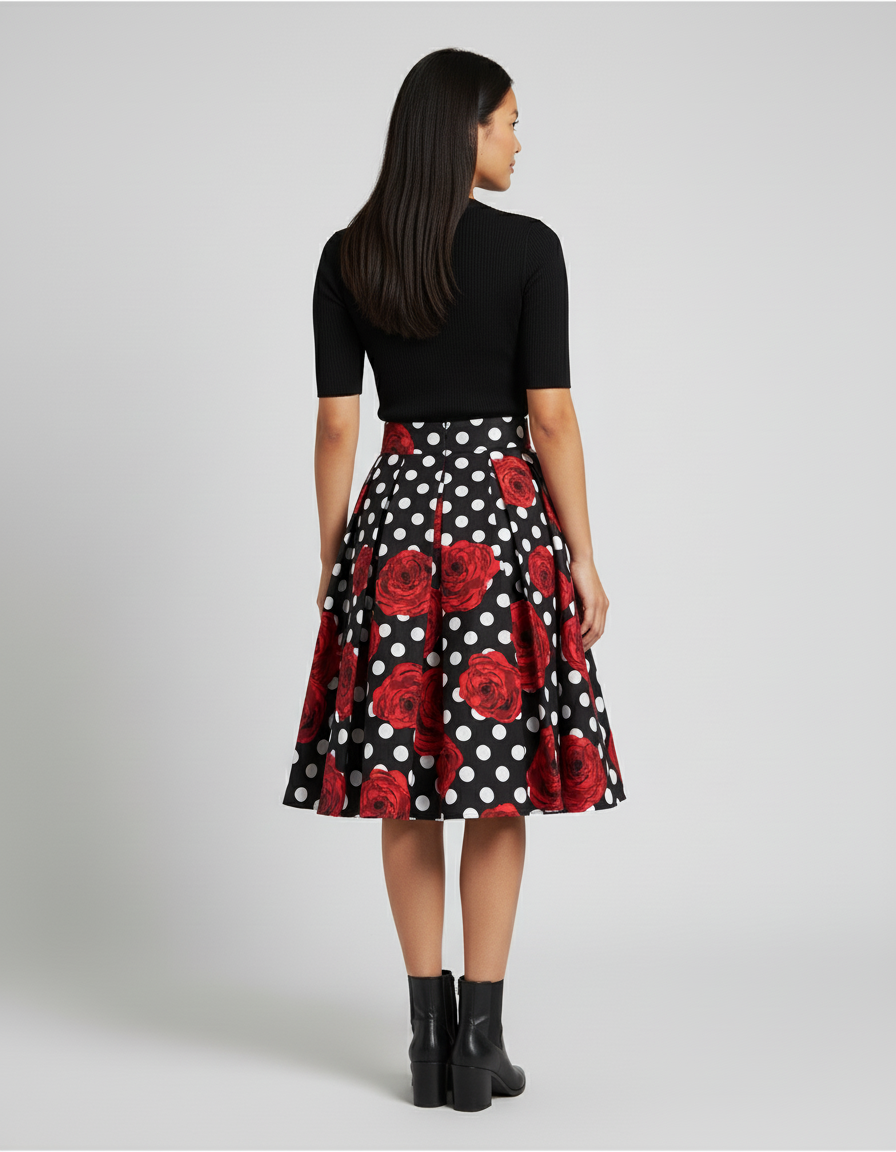 Jupe Plissée noir pois roses rétro