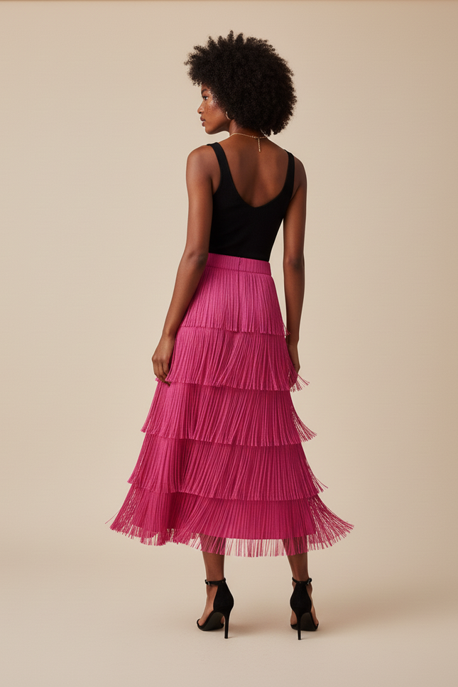 Jupe Plissée fuchsia à franges fluide