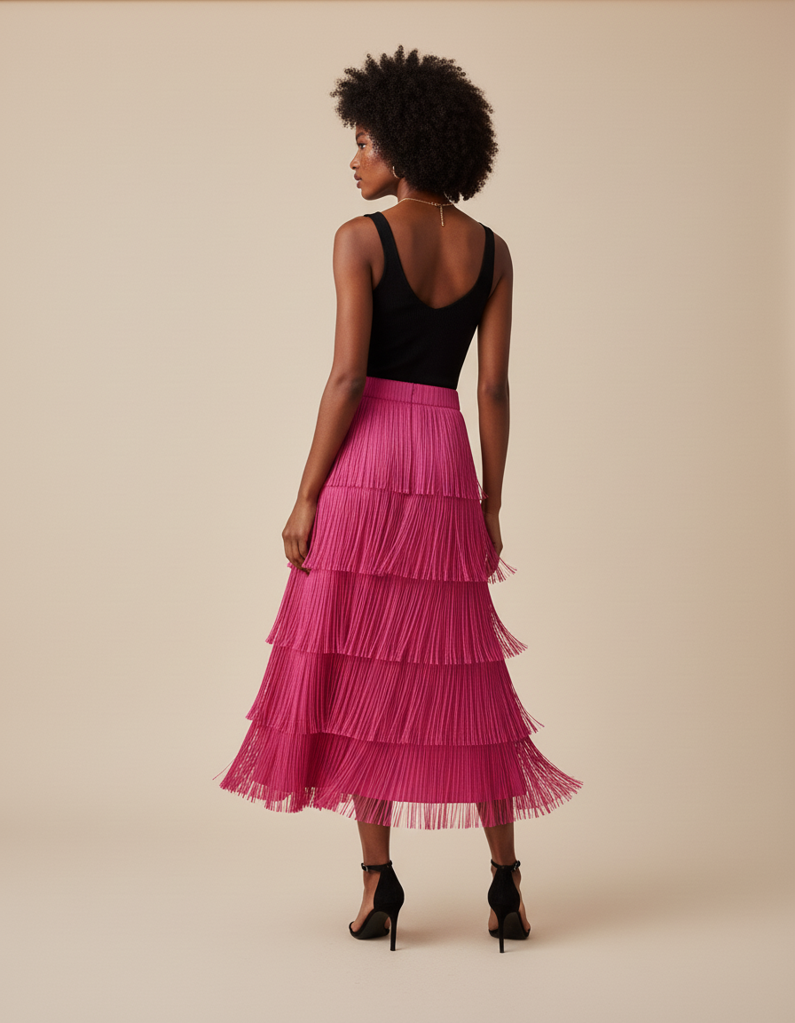 Jupe Plissée fuchsia à franges fluide