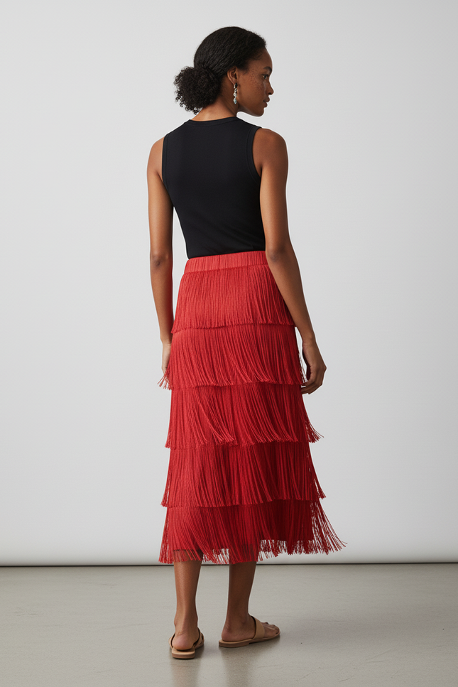 Jupe Plissée fluide rouge à franges