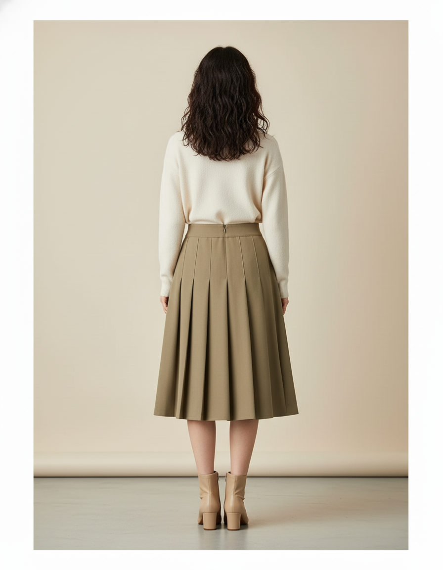 Jupe Plissée vert kaki midi chic