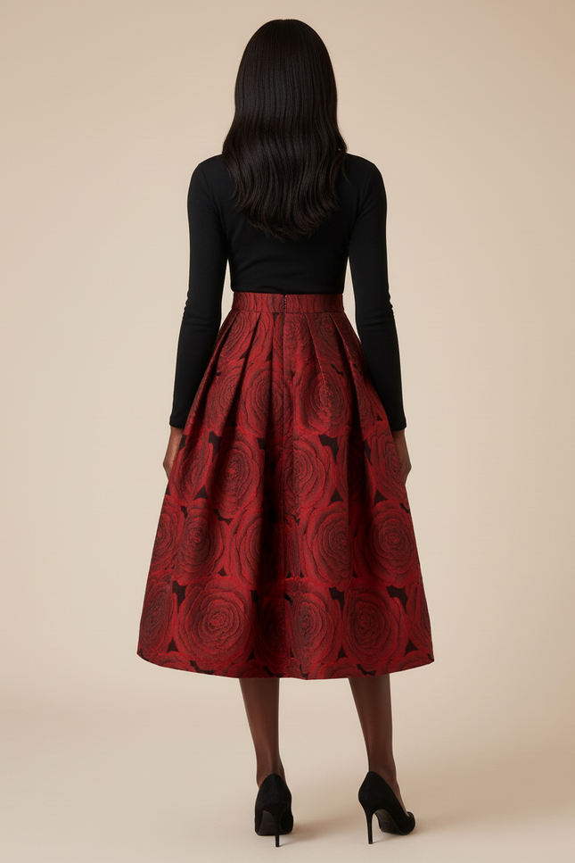 Jupe Plissée Rouge Floral Élégante