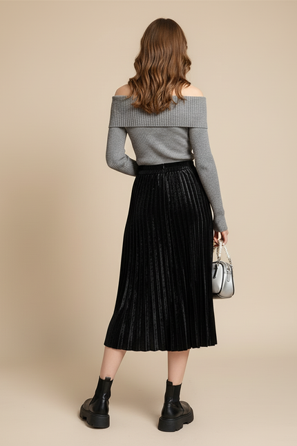 Jupe Plissée Velours Noir Chic