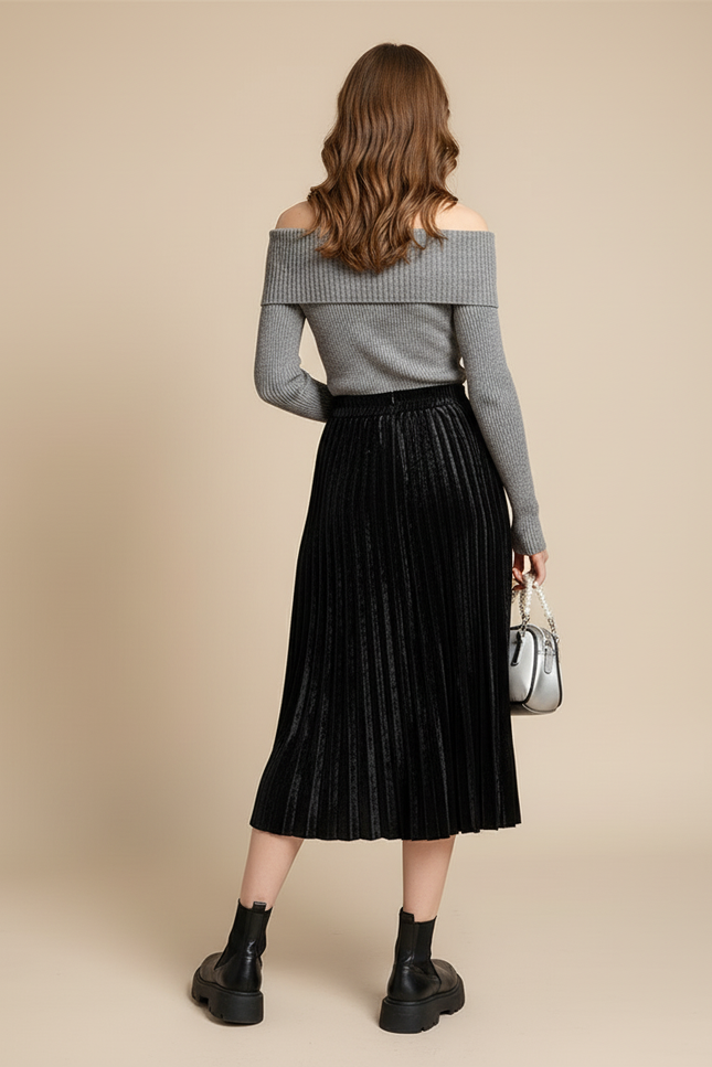 Jupe Plissée Velours Noir Chic