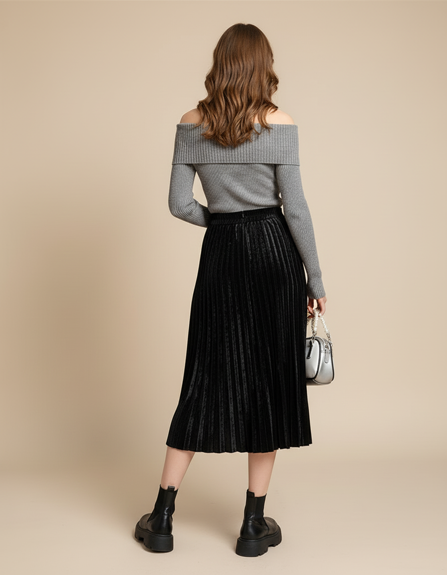 Jupe Plissée Velours Noir Chic