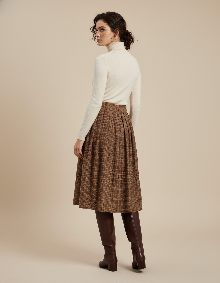 Jupe Plissée Marron Tweed élégante