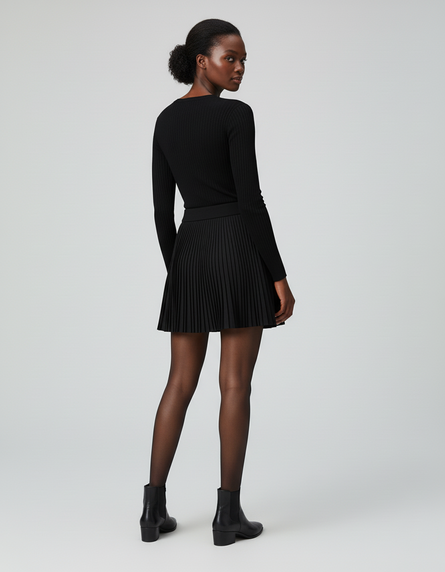Jupe Plissée noire boutons blancs élégante