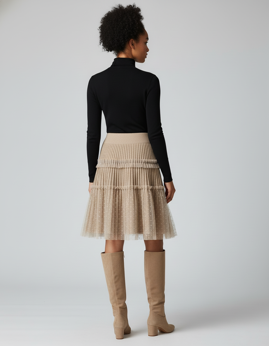 Jupe Plissée Khaki Maille Pois Chic