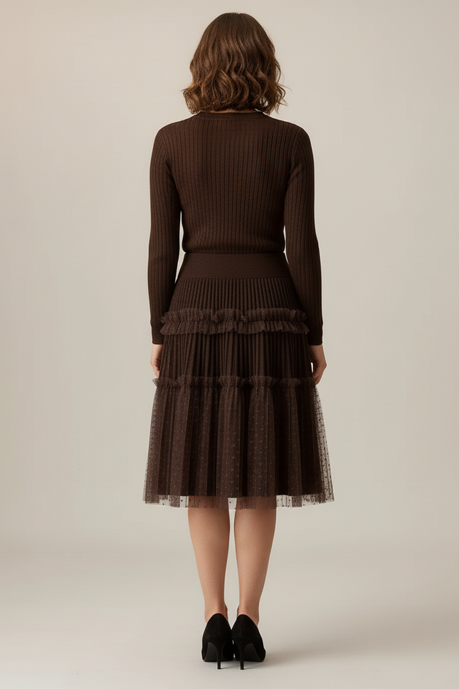 Jupe Plissée Marron Dentelle Chic