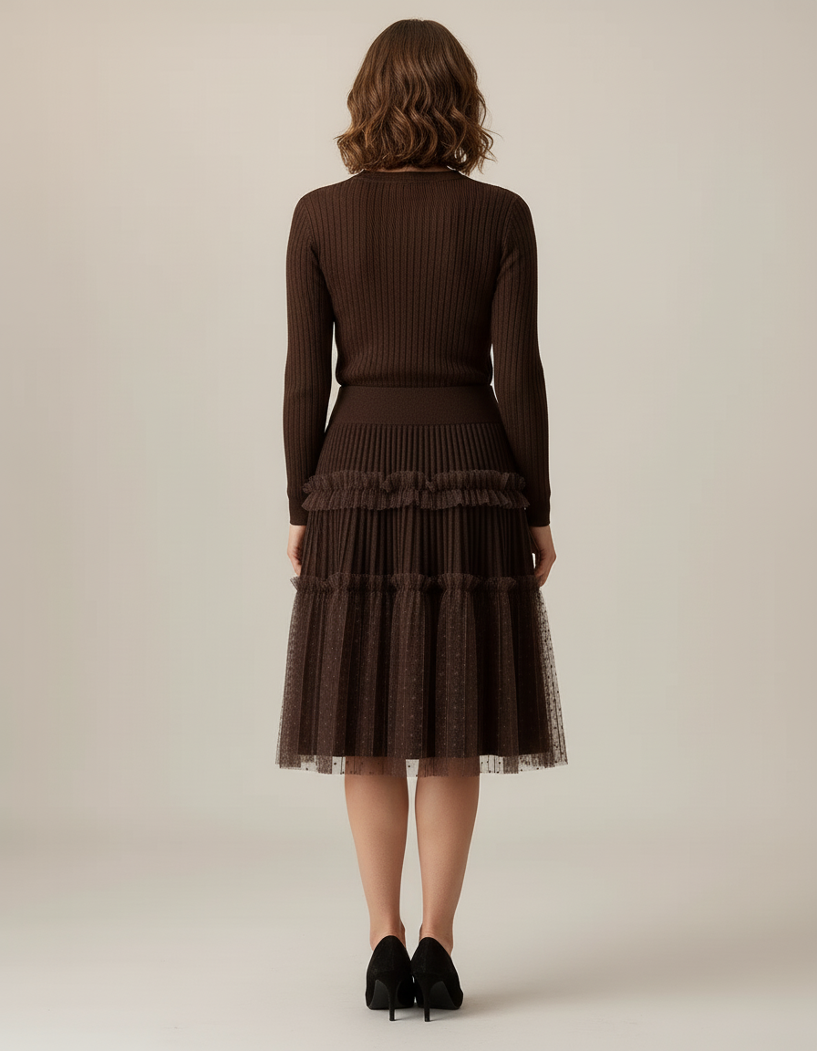 Jupe Plissée Marron Dentelle Chic