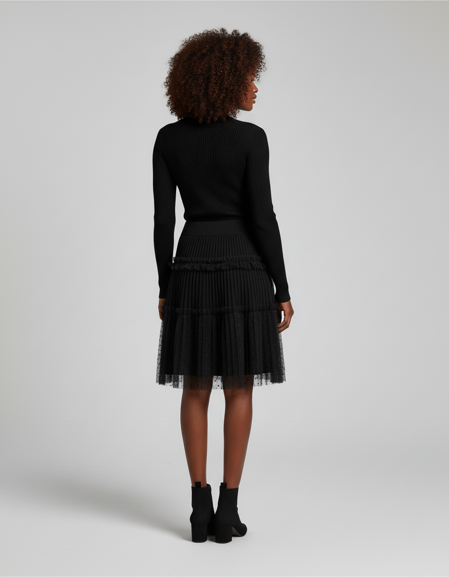 Jupe Plissée noire maille plumetis chic