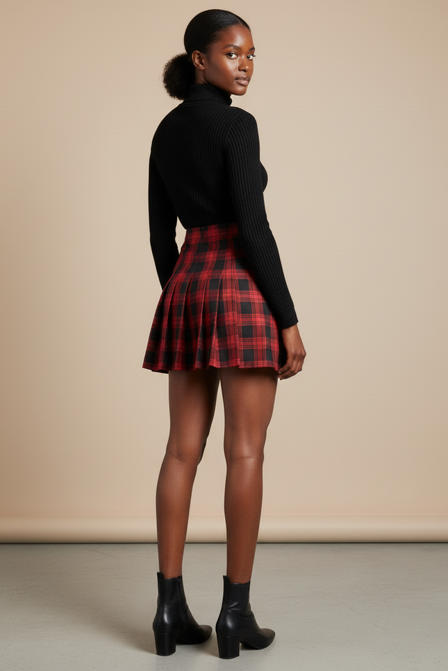 Jupe Plissée Rouge Écossais Mini Chic
