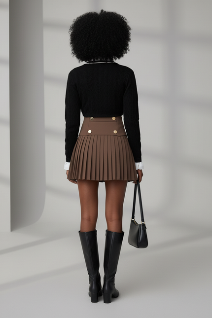 Jupe Plissée marron preppy boutons