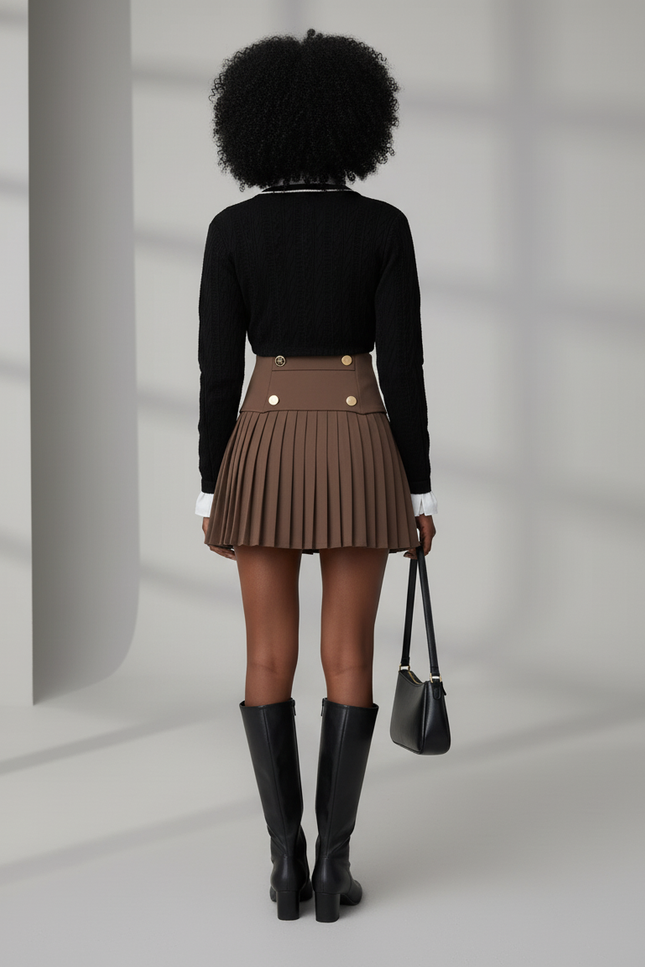 Jupe Plissée marron preppy boutons