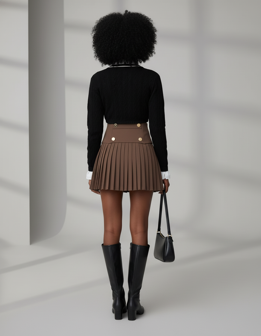 Jupe Plissée marron preppy boutons