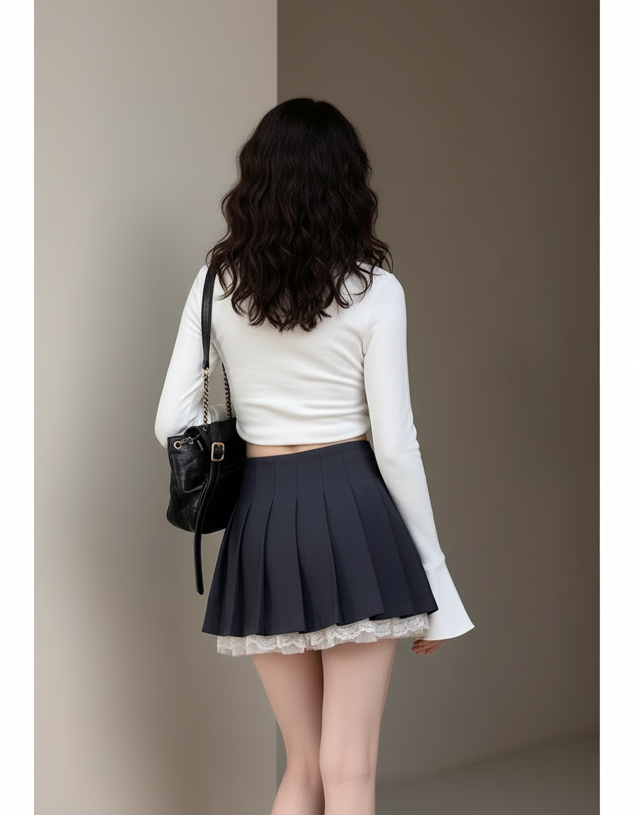 Jupe Plissée bleu marine dentelle preppy