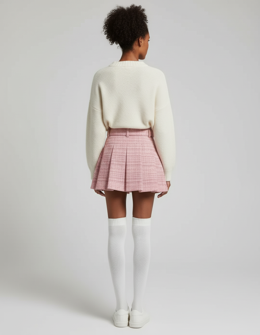 Jupe Plissée rose tweed chic