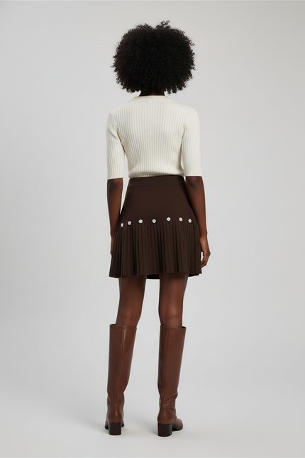 Jupe Plissée Marron Perles Chic