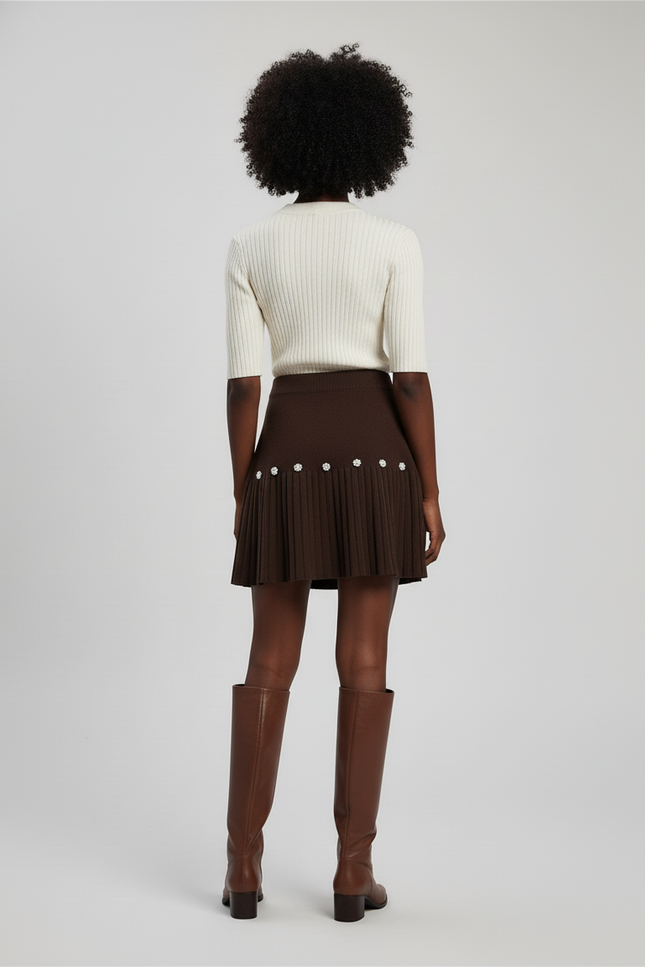 Jupe Plissée Marron Perles Chic