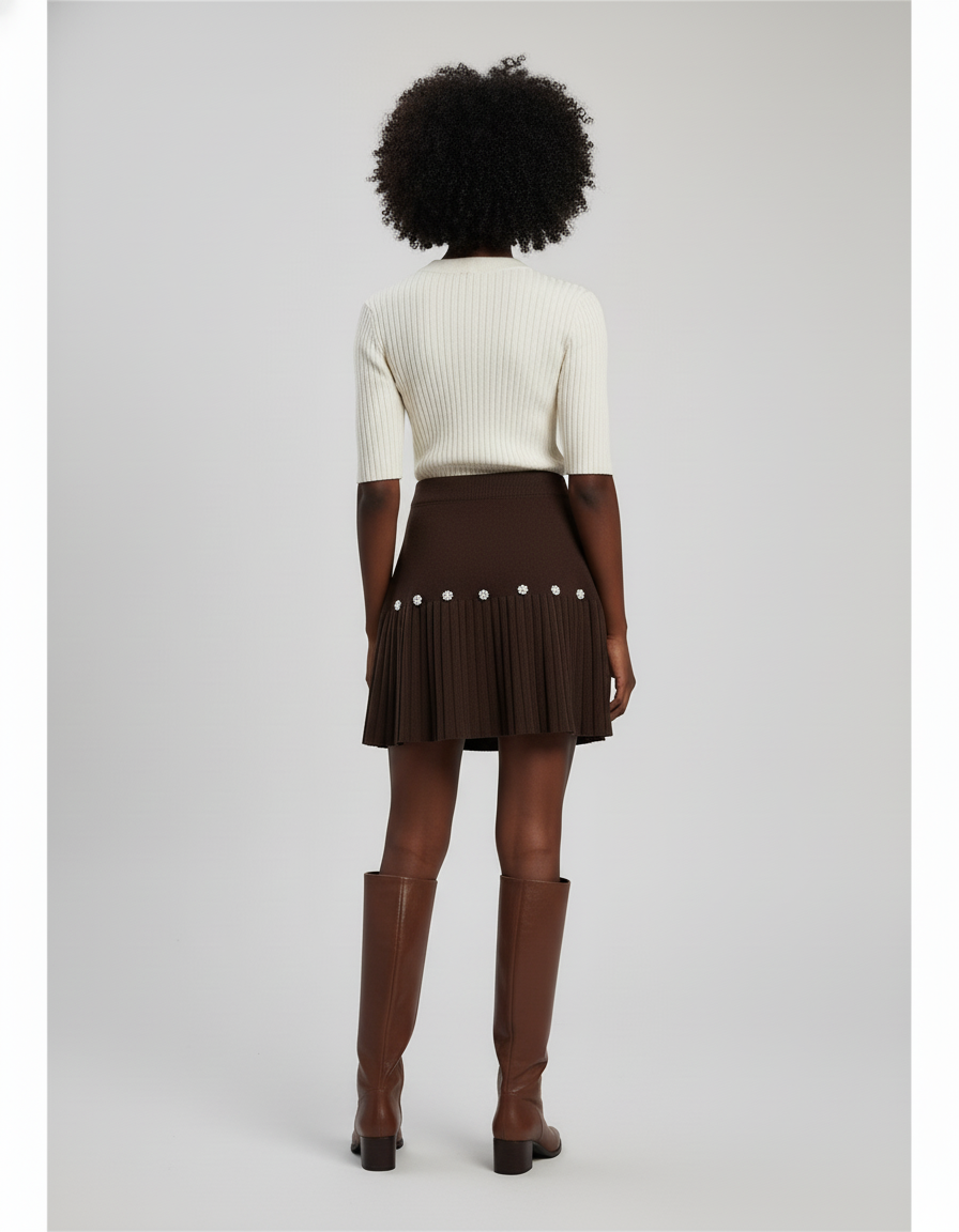 Jupe Plissée Marron Perles Chic