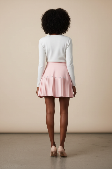 Jupe Plissée rose pâle perles chic
