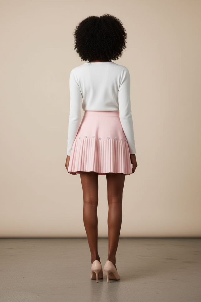 Jupe Plissée rose pâle perles chic