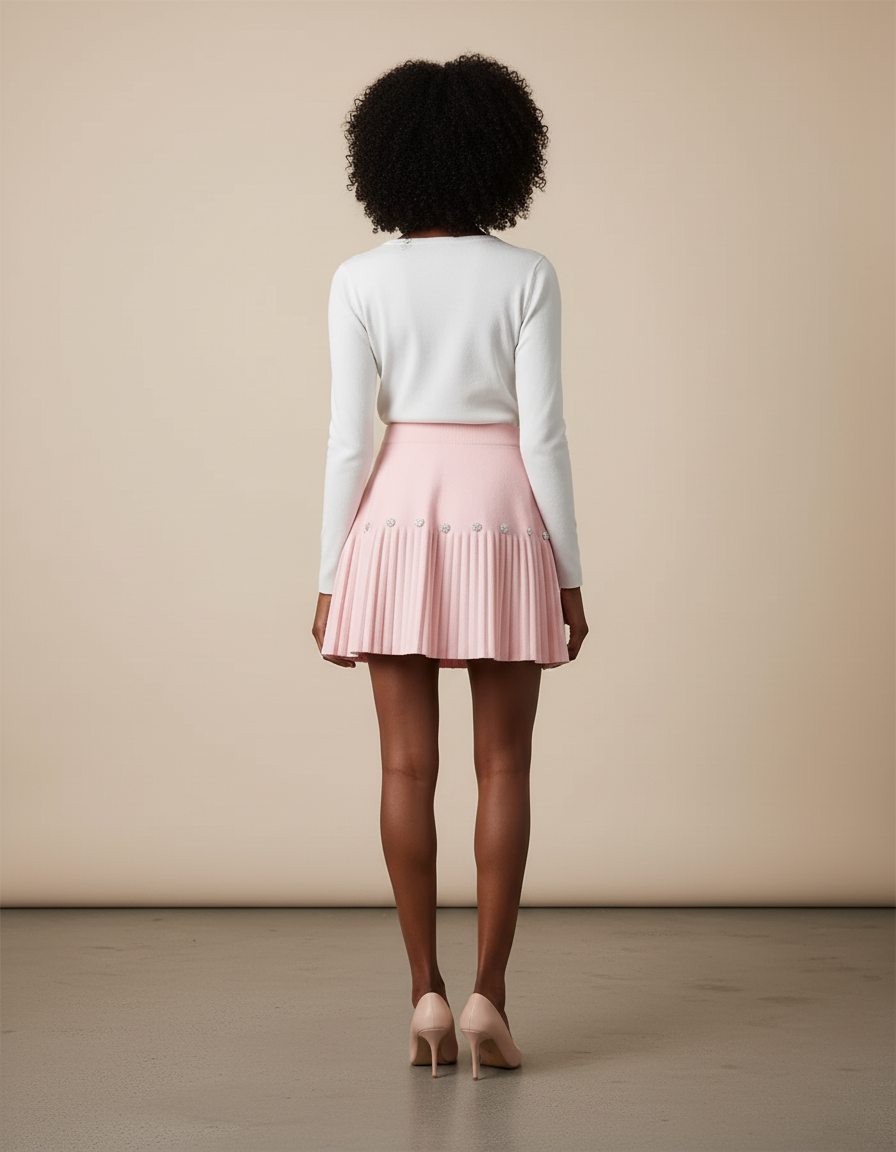 Jupe Plissée rose pâle perles chic