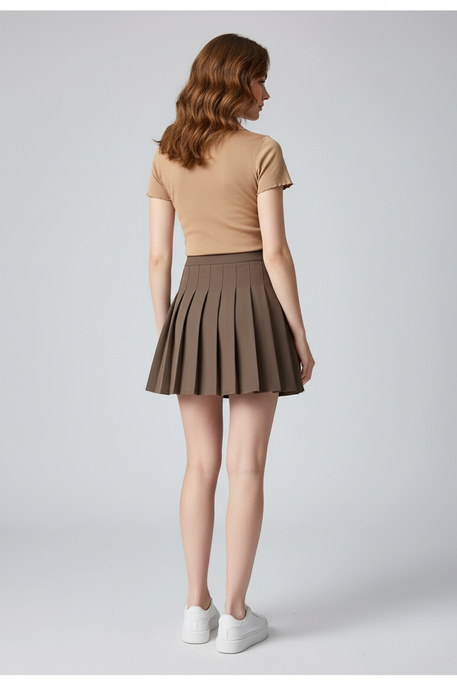 Jupe Plissée Marron Taille Haute Kawaii