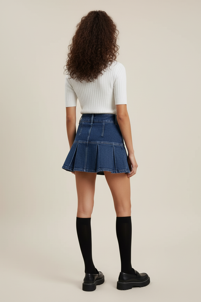 Jupe Plissée Taille Haute Denim Chic