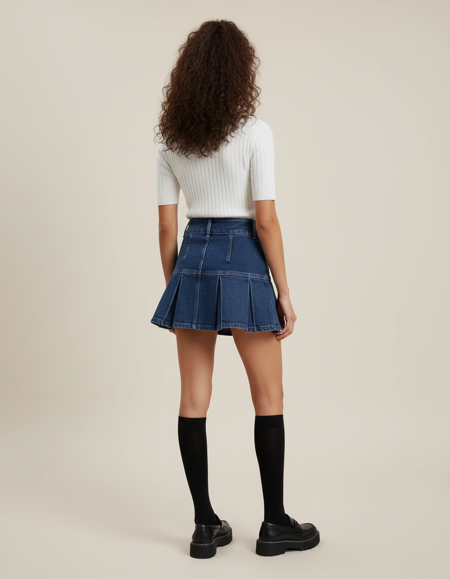 Jupe Plissée Taille Haute Denim Chic