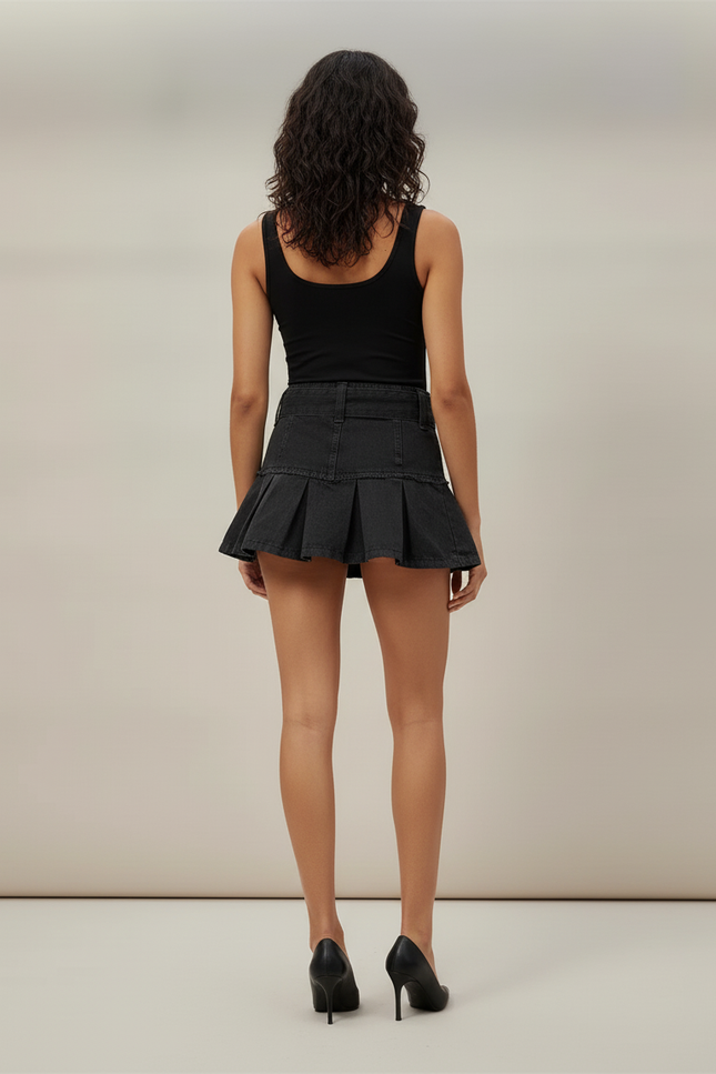 Jupe Plissée denim noir ceinturée chic