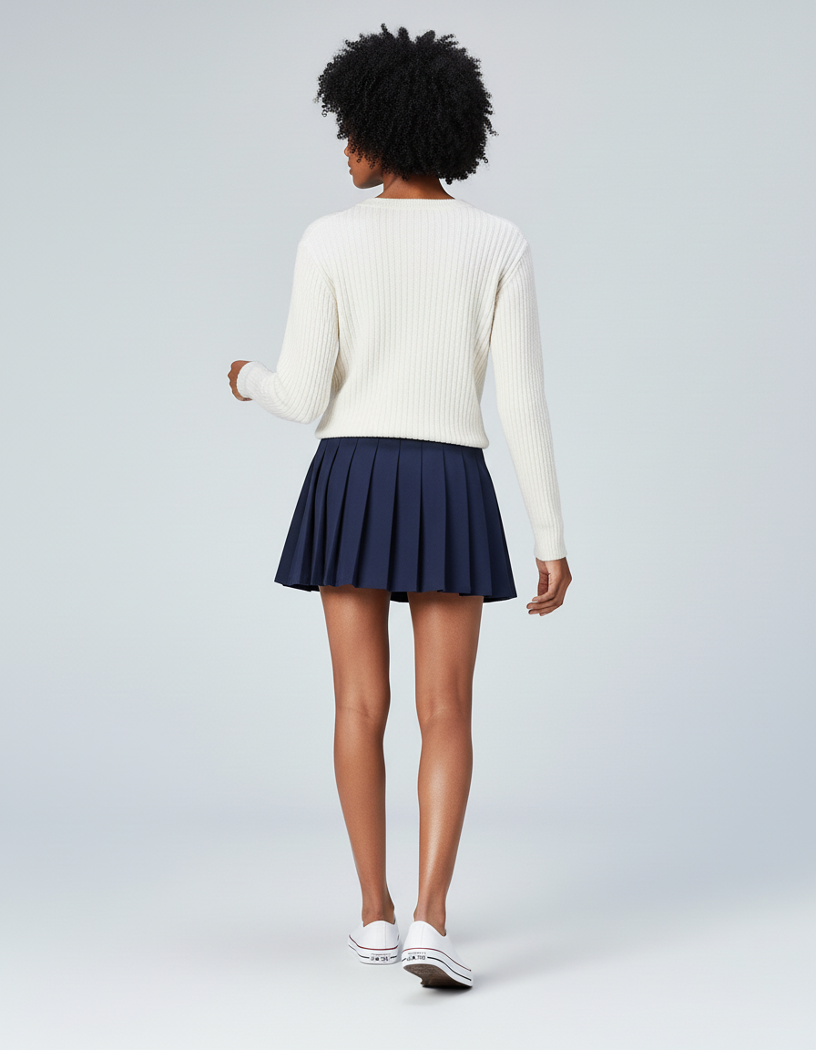Jupe Plissée Bleu Marine Taille Haute Décontractée