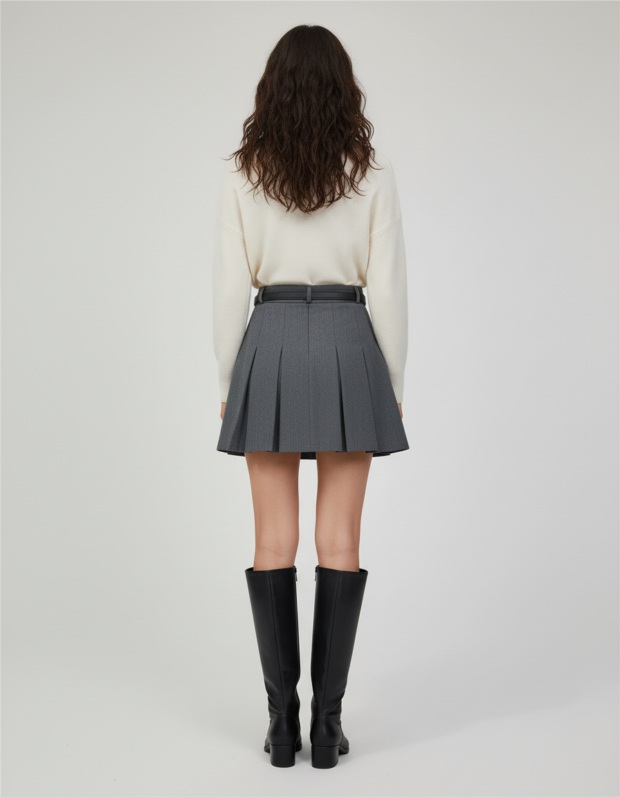 Jupe Plissée grise ceinturée chic