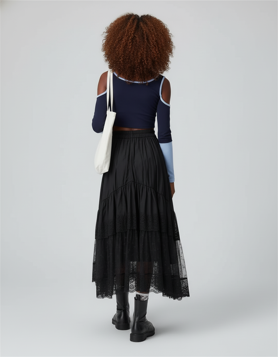 Jupe Plissée noire dentelle fluide