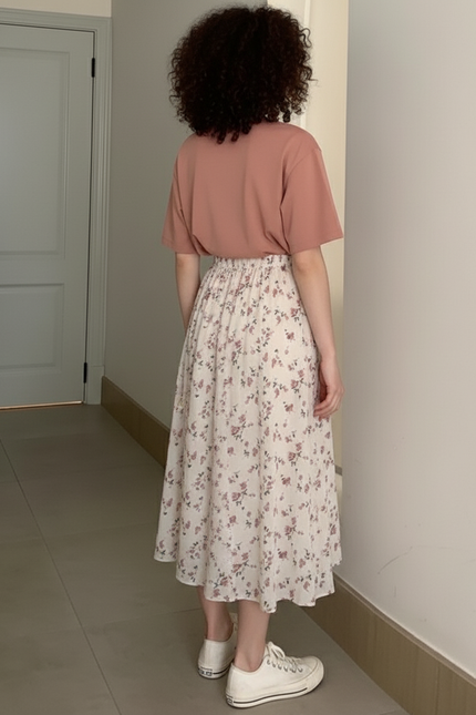 Jupe Plissée crème fleurie fluide